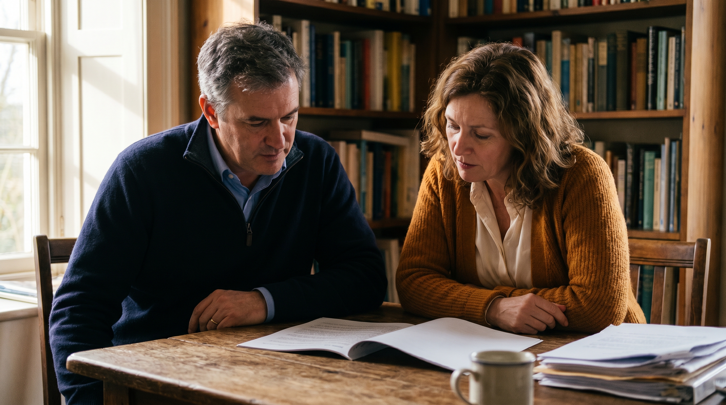 Joel and Patricia Northbrook in mid-conversation at the wooden table in the agency, mid-afternoon, looking down at a sheet of paper between them.