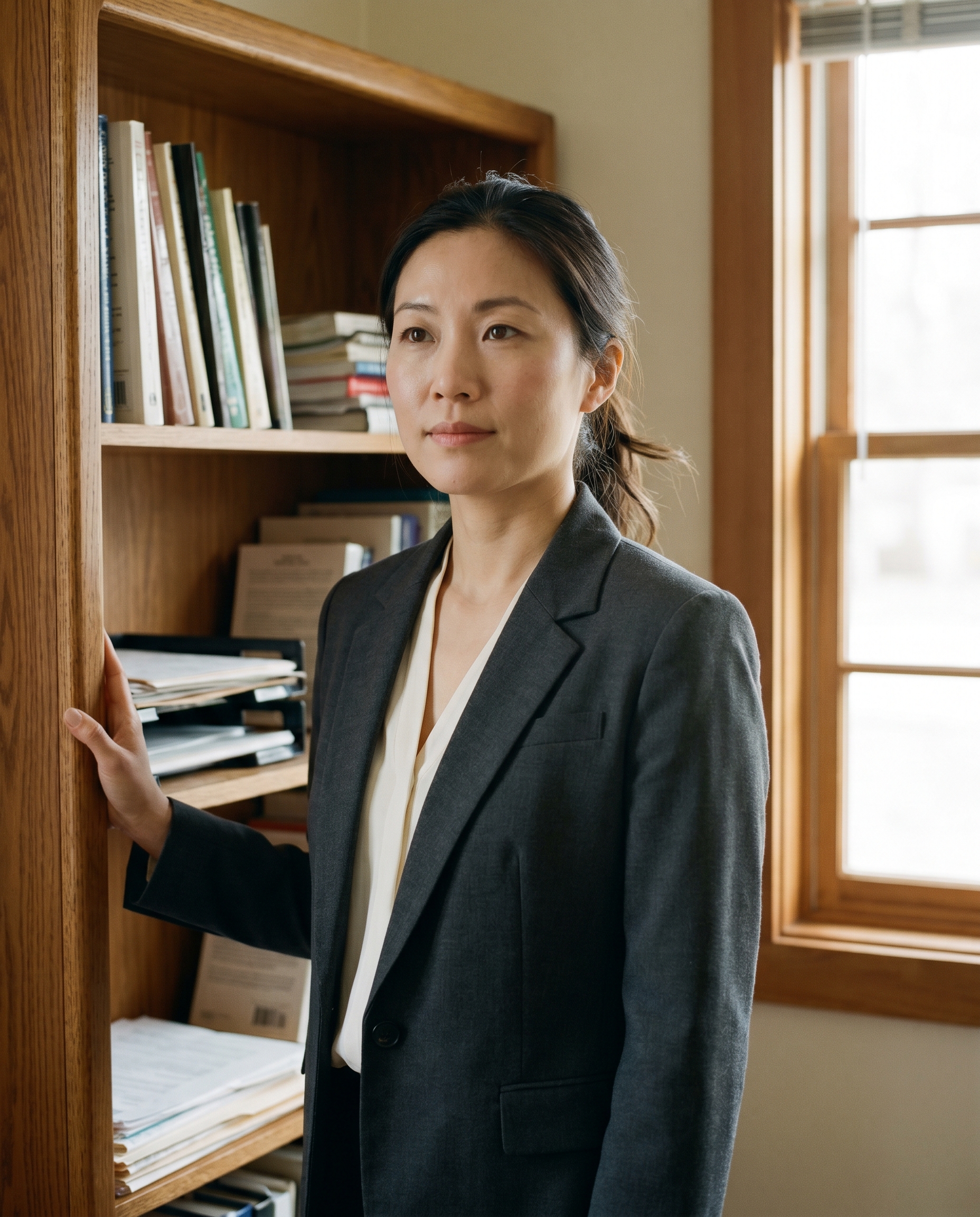 Hannah Lin standing beside a bookshelf in the agency, looking slightly off-camera.