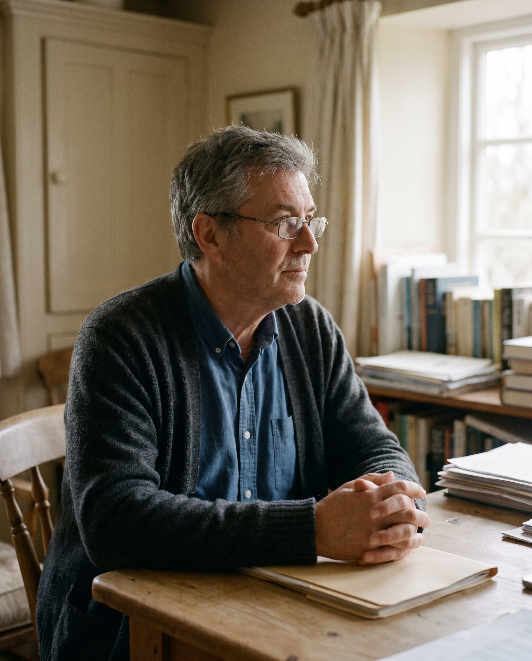 Joel Northbrook seated at the conversation table, hands resting on a closed manila folder, soft daylight.