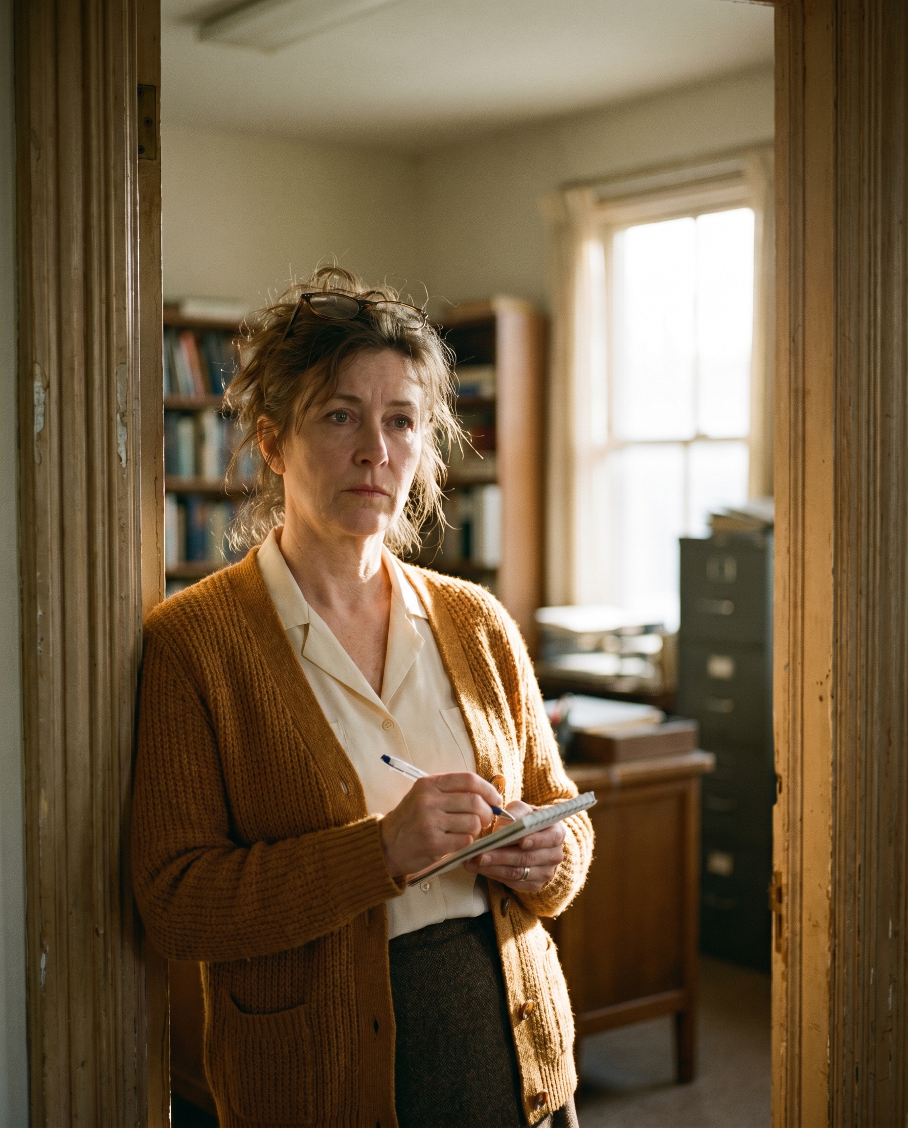 Patricia Northbrook in the doorway between two rooms of the office, looking down at a notepad, warm afternoon light.