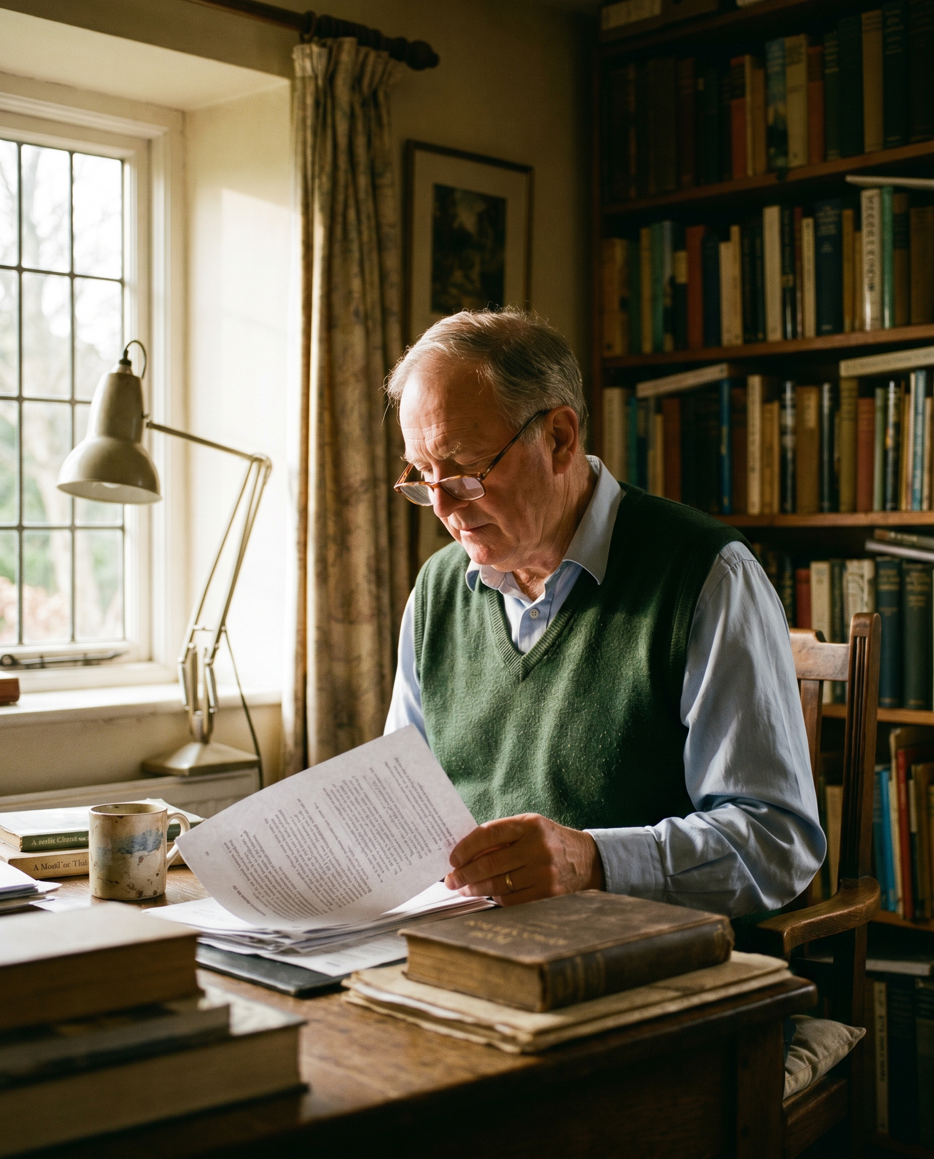 Robert Connelly at a writing desk reading a printed document with reading glasses.